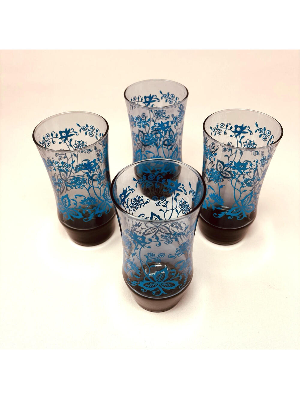 VTG Retro Libbey Ombre Blue Floral 5" Drinking Glasses Tumblers Set of 4 EUC